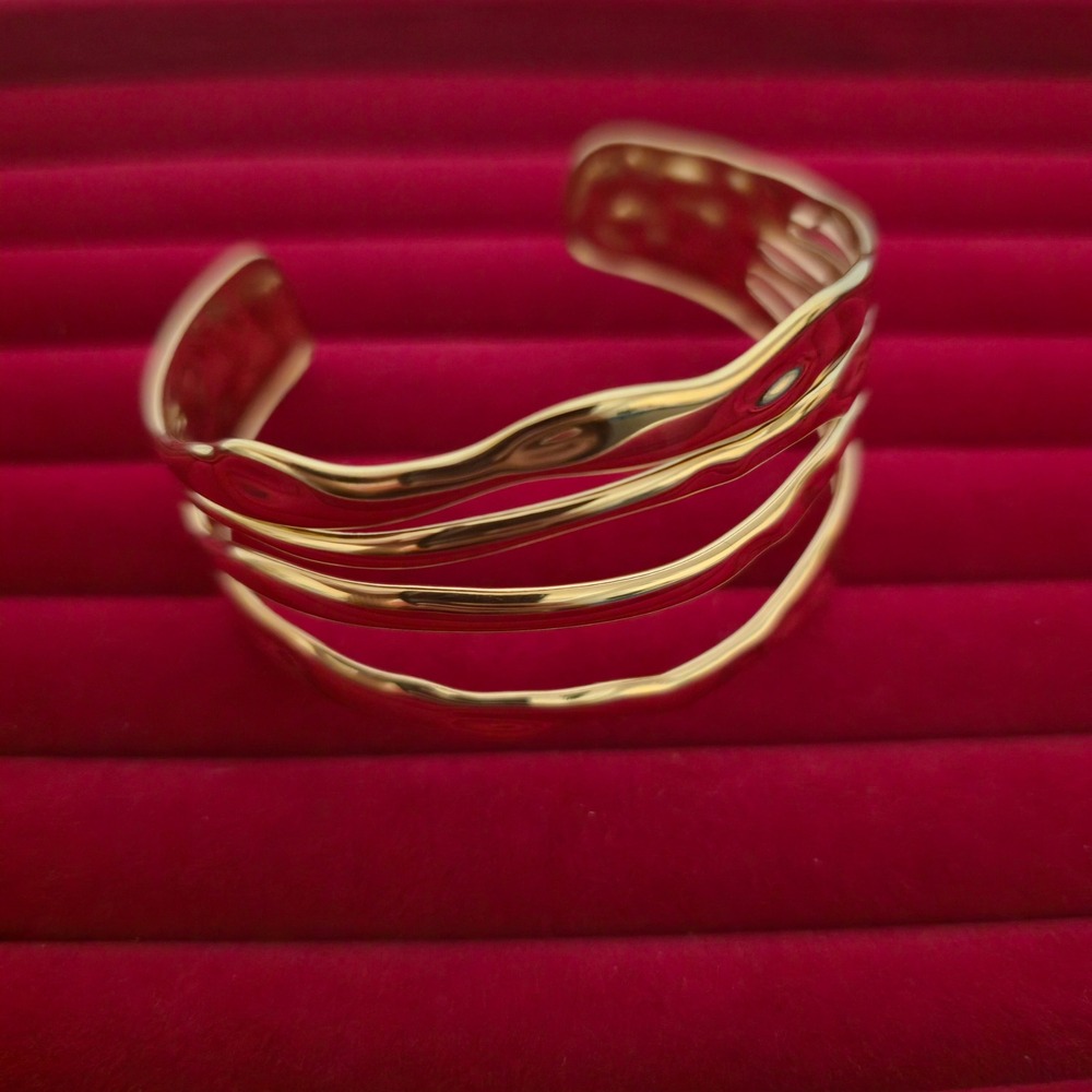 18K‎ Gold Plated Stainless Steel Wavy Multi Layer Cuff Bracelet Hammered Size 7